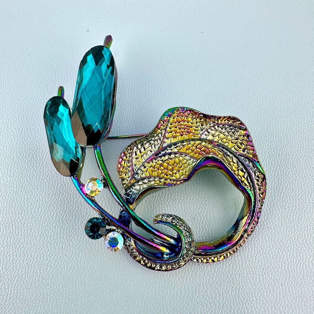 Rhinestone Brooch Cattail Flower Leaf Pin Bright Colorful Teal Turquoise Blue